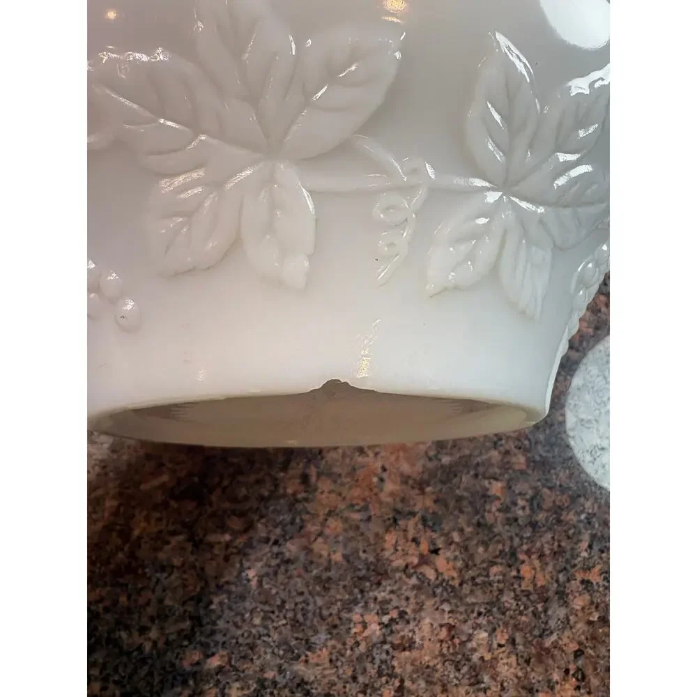 Vintage Milk Glass Bowl with Grape and Leaf Design 8.5" round - Picture 5 of 14